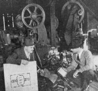 1937 -  J. H. Blum (right), in bell shop with reporter from Sheet Metal Worker